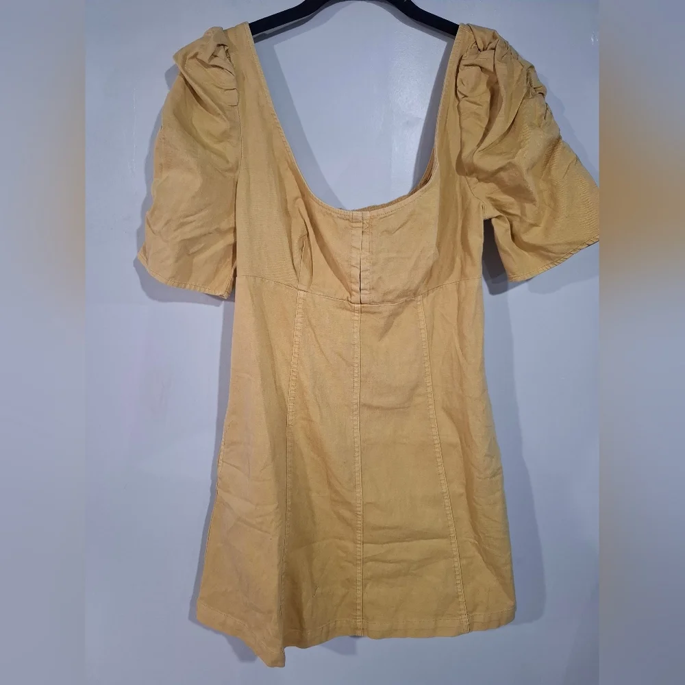 Free People Cheyenne Denim Mini Dress Babydoll Smocked Pockets Puffer Sleeve S